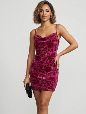 Tobi Velvet Floral Cowl Neck Mini Dress in Magenta